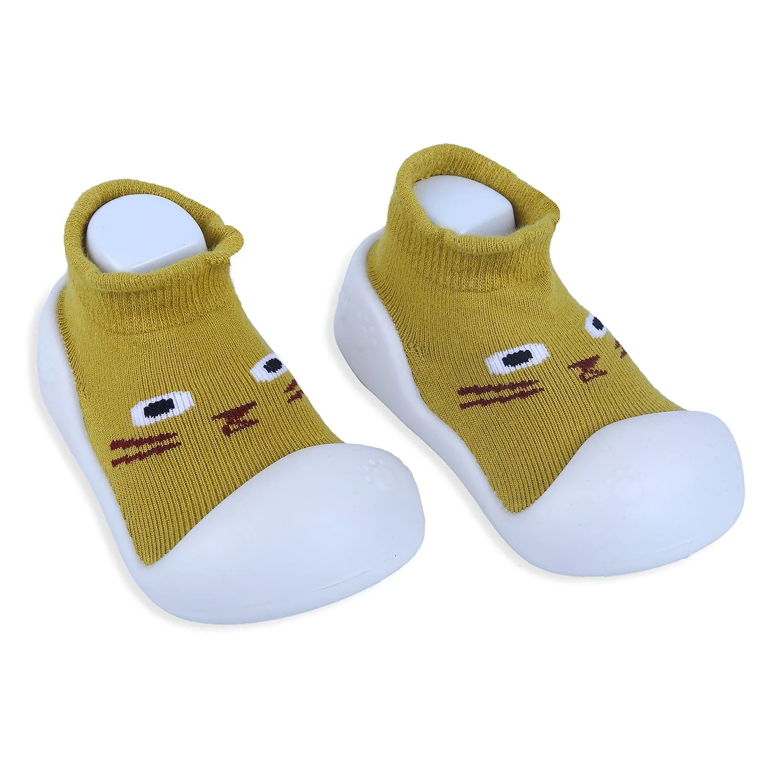 Baby Moo Curious Cat Face Rubber Comfortable Sole Slip-On Sock Shoes - Mustard