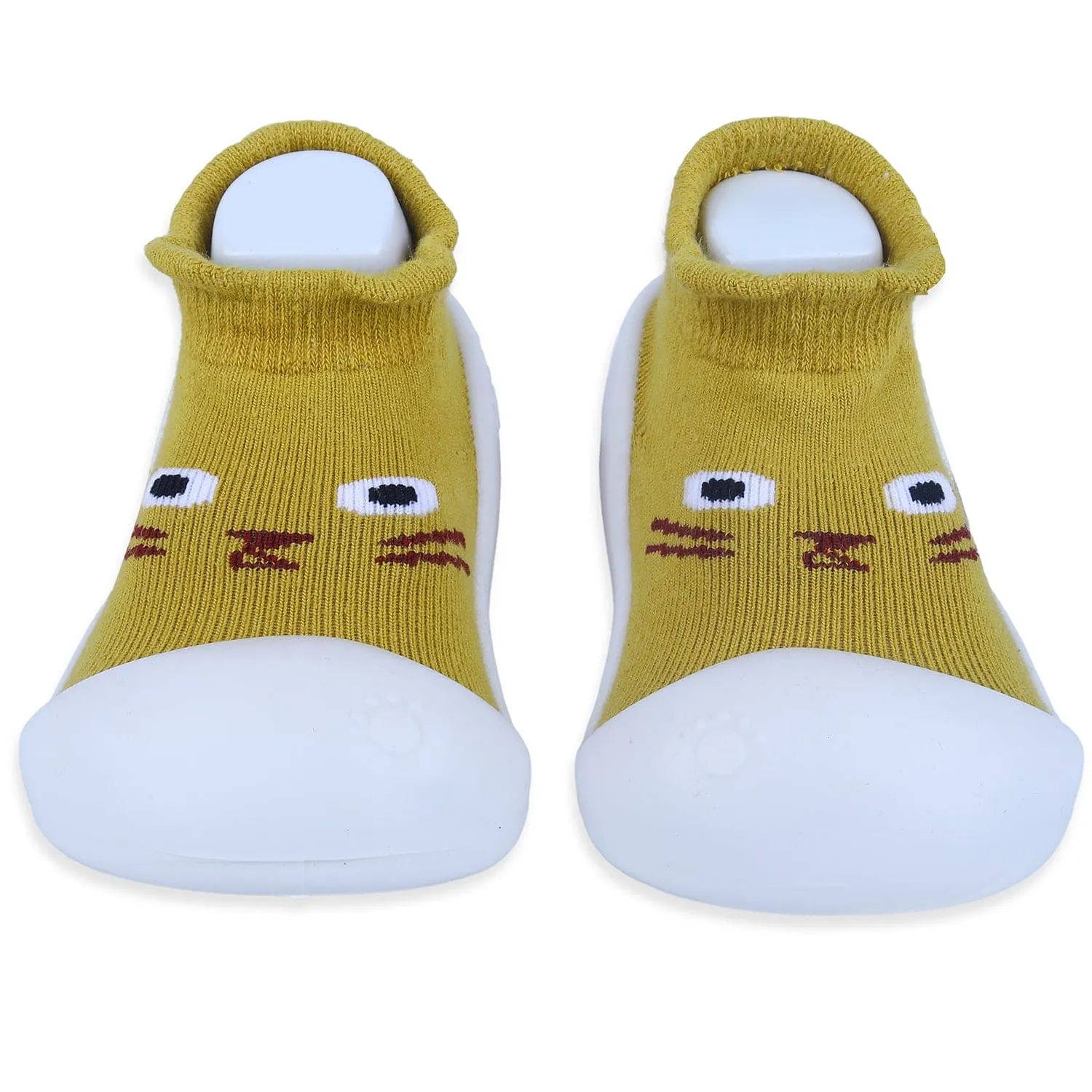 Baby Moo Curious Cat Face Rubber Comfortable Sole Slip-On Sock Shoes - Mustard