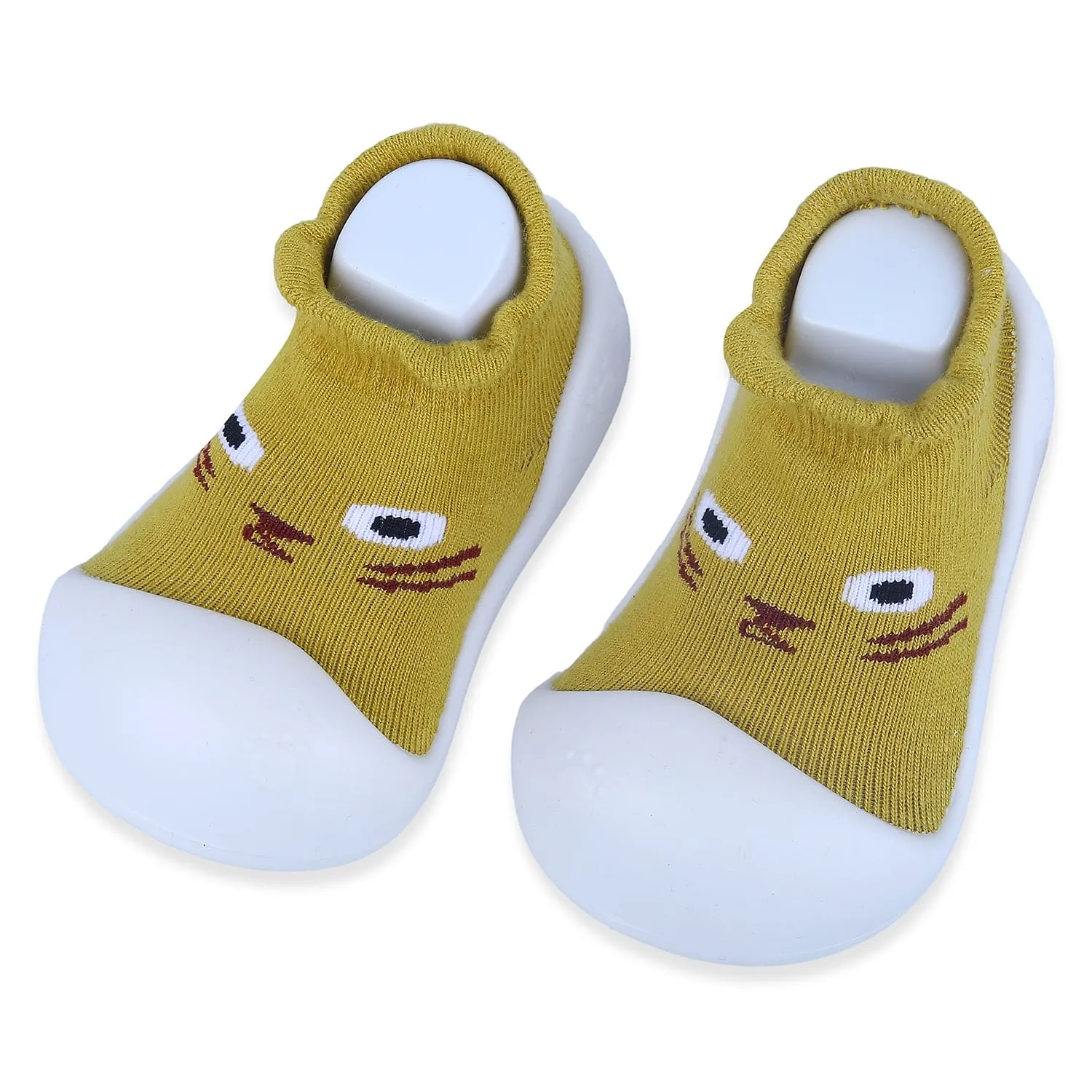 Baby Moo Curious Cat Face Rubber Comfortable Sole Slip-On Sock Shoes - Mustard