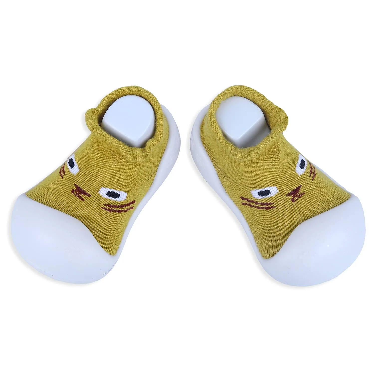 Baby Moo Curious Cat Face Rubber Comfortable Sole Slip-On Sock Shoes - Mustard