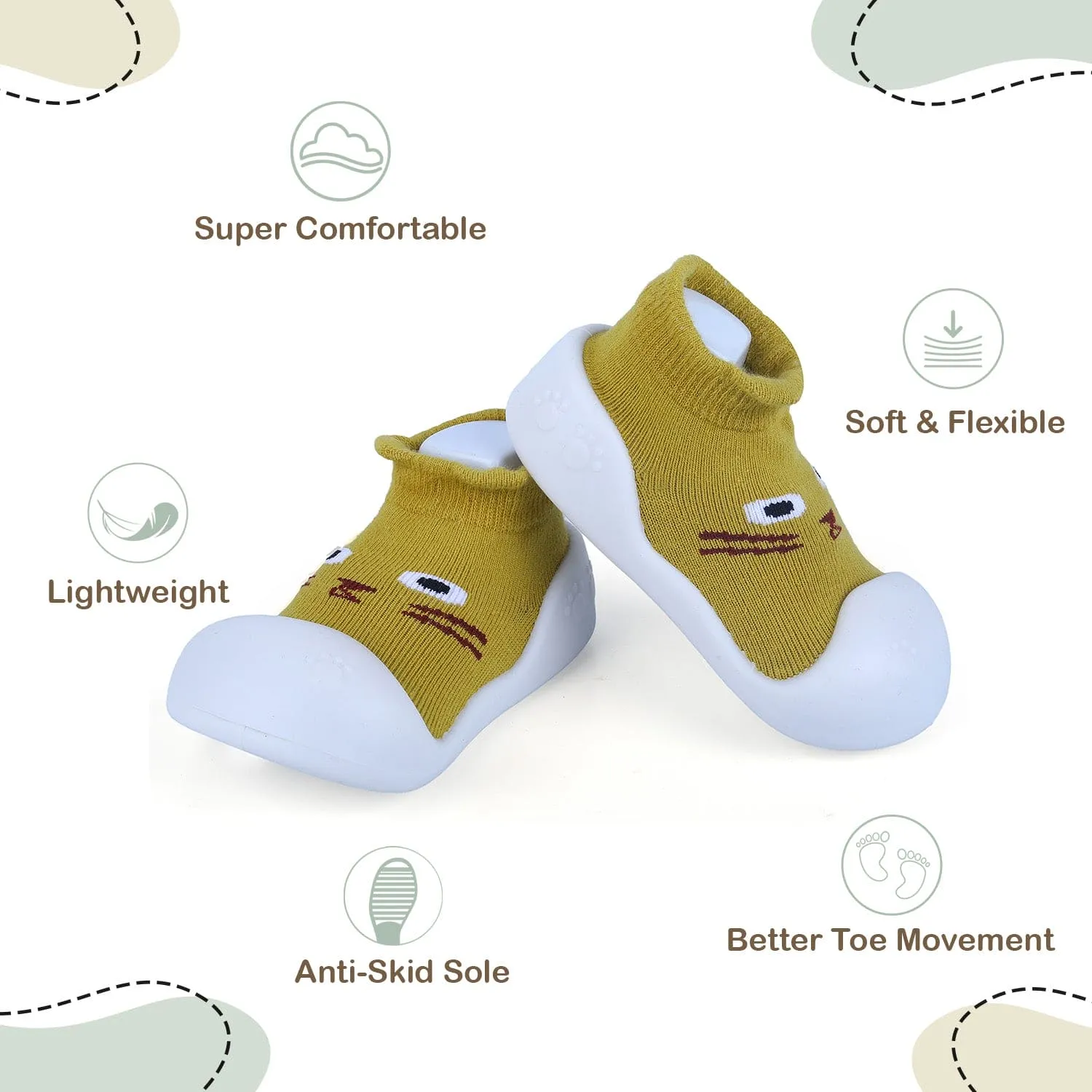 Baby Moo Curious Cat Face Rubber Comfortable Sole Slip-On Sock Shoes - Mustard