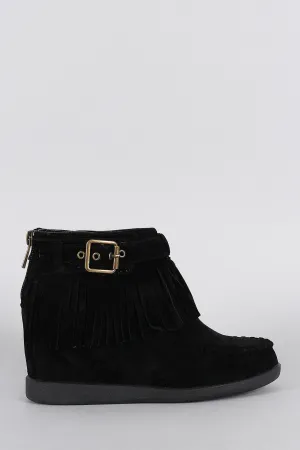 Bamboo Buckle Fringe Moccasin Hidden Wedge Booties