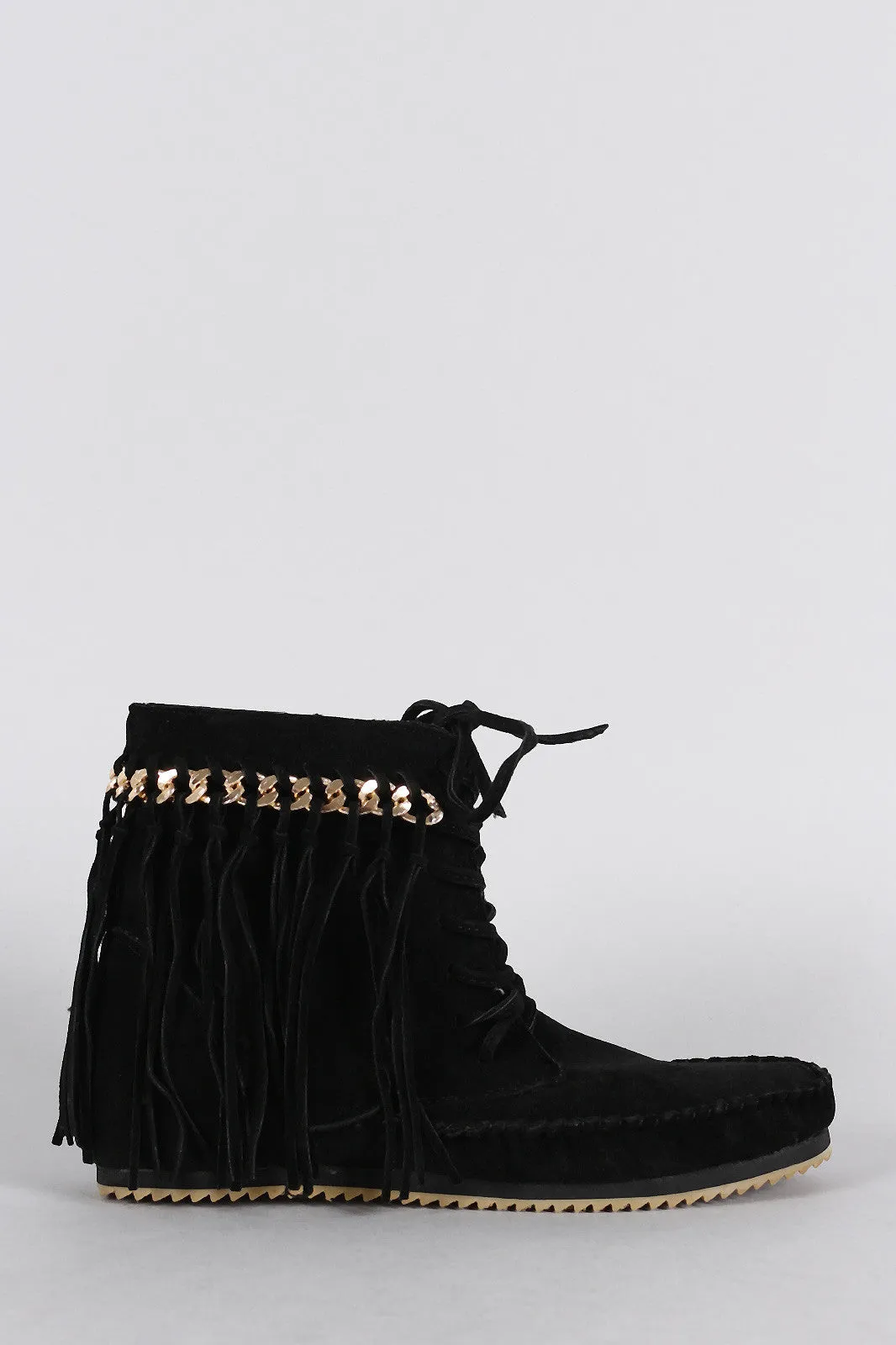 Bamboo Suede Link Chain Fringe Lace Up Moccasin Flat Booties