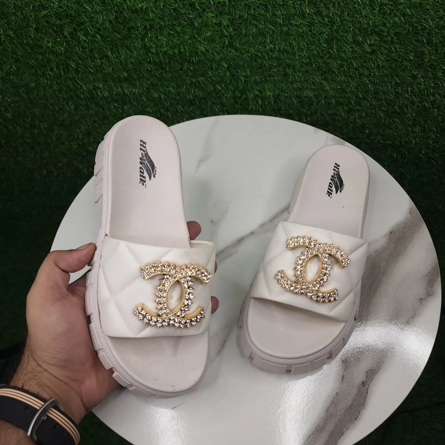 Beige Buckle Slides