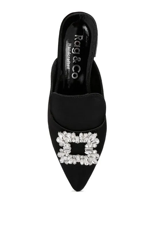 Black Perrine Diamante Jewel Satin Mules In Black