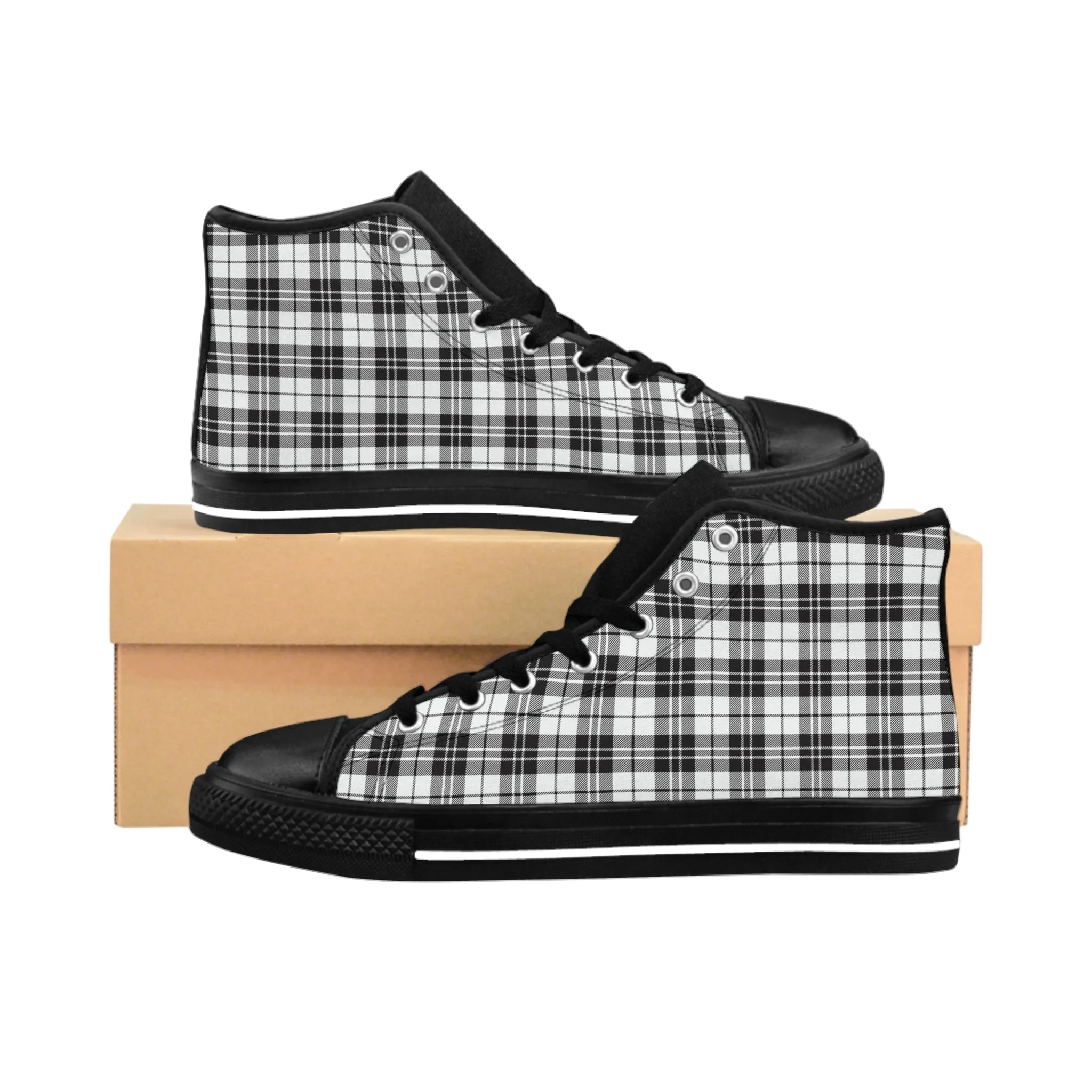 Black Plaid Pattern Women's Classic Sneakers