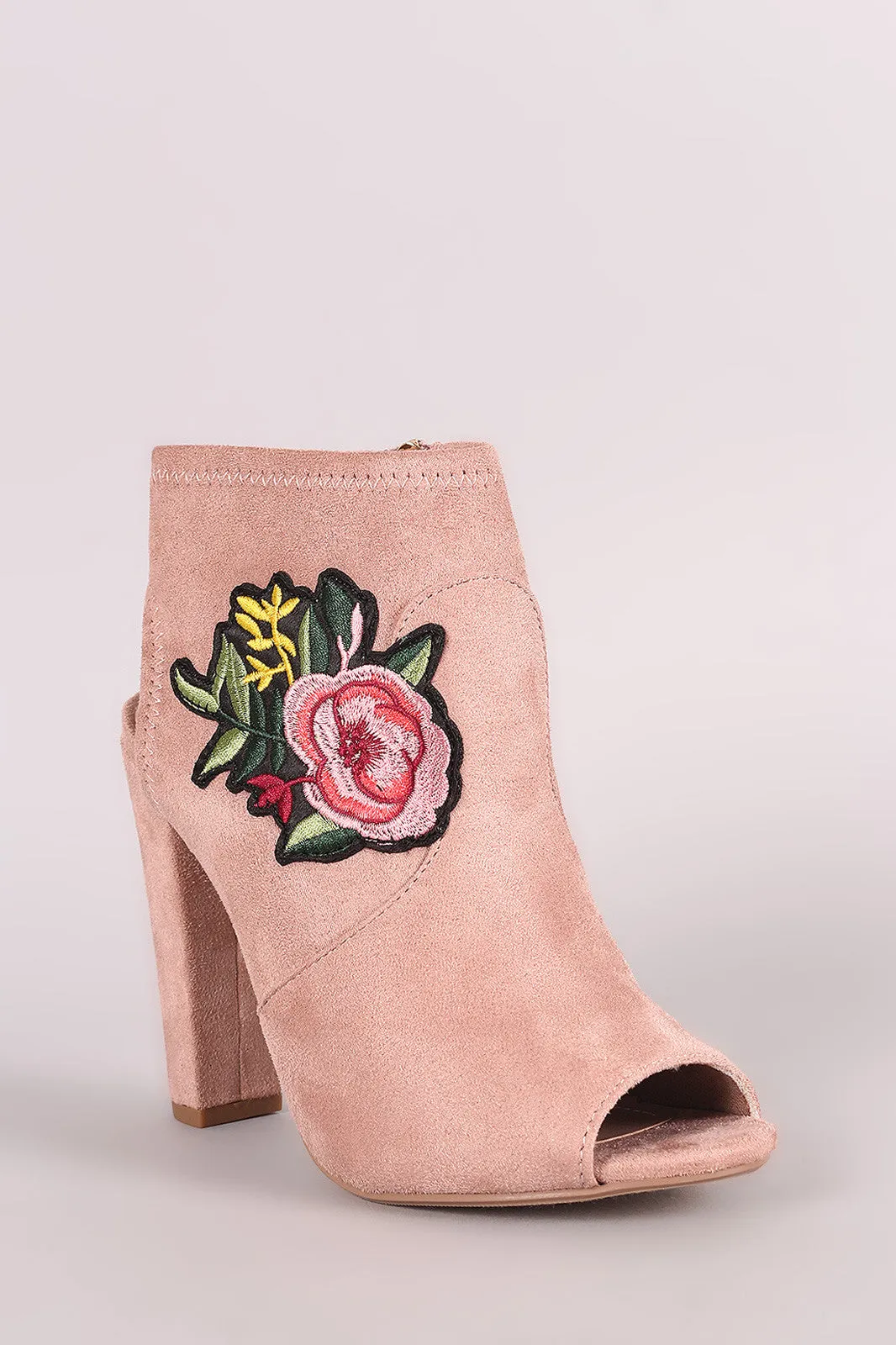 Delicious Suede Floral Patch Peep Toe Chunky Heeled Booties