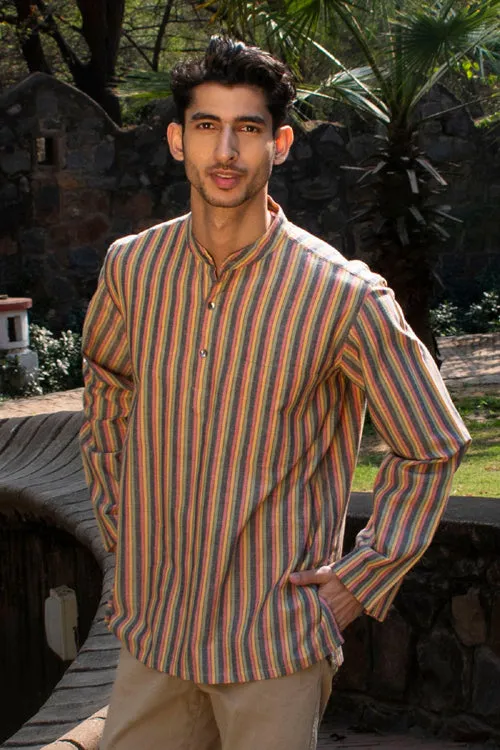 Dhaari Multi Color Striped Handwoven Full Sleeve Pure Cotton Short Kurta