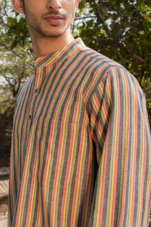 Dhaari Multi Color Striped Handwoven Full Sleeve Pure Cotton Short Kurta