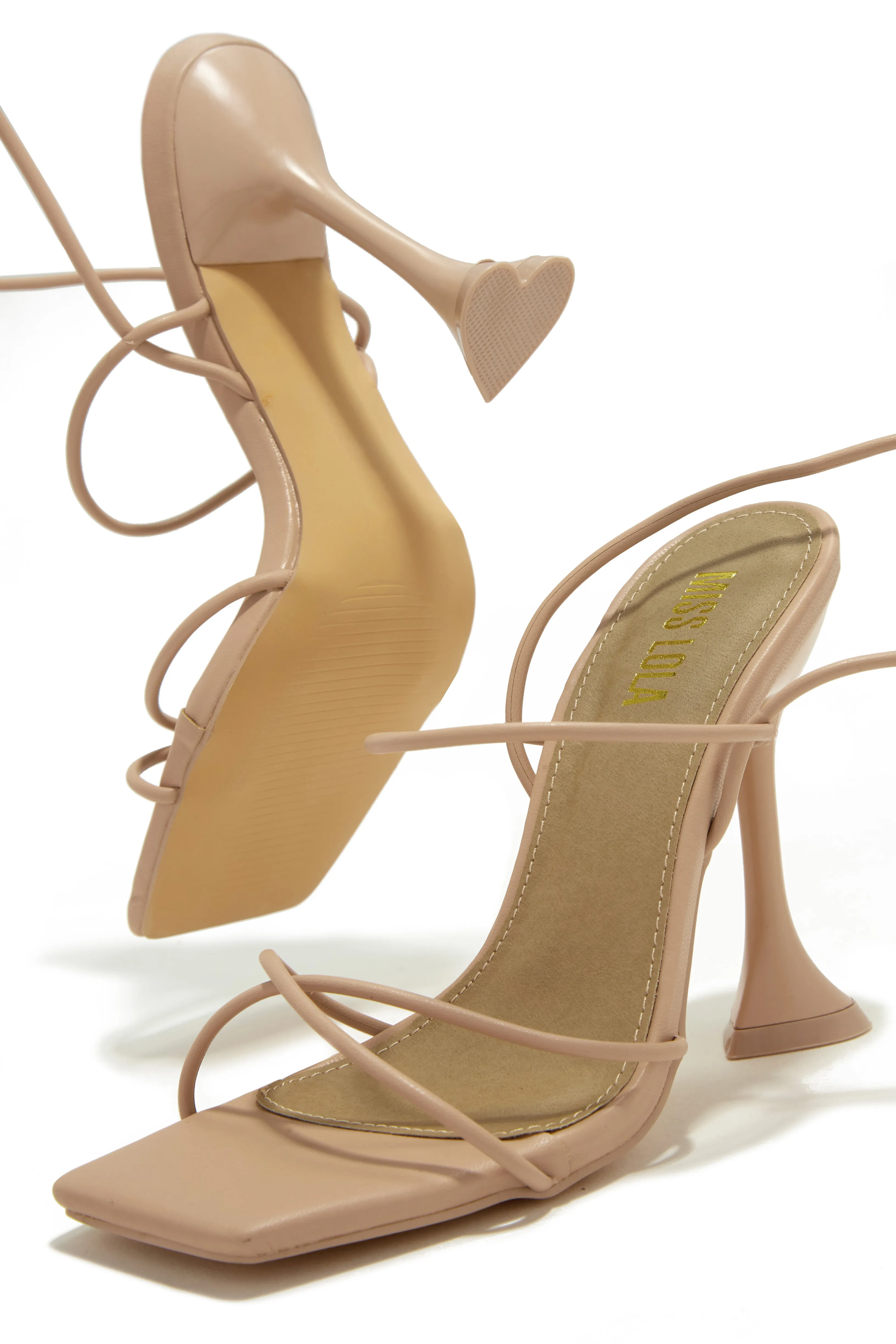 Loving Heart Lace Up High Heels - Nude