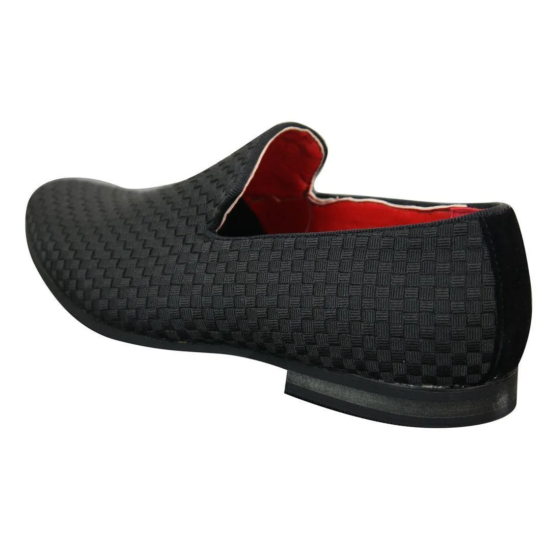 Mens Textured Slip On Black Blue Check Shoes Smart Casual Formal Italian Design