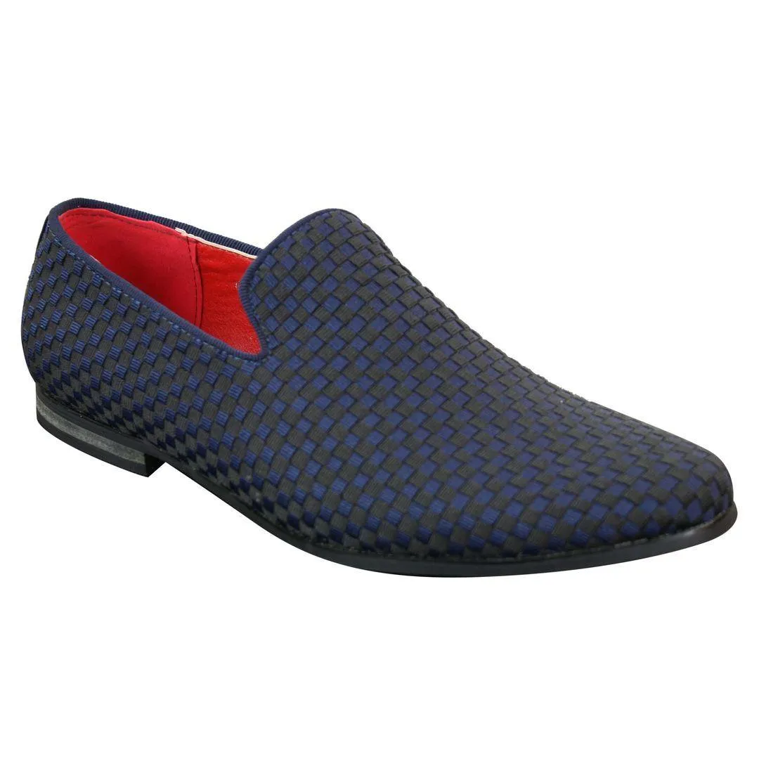 Mens Textured Slip On Black Blue Check Shoes Smart Casual Formal Italian Design