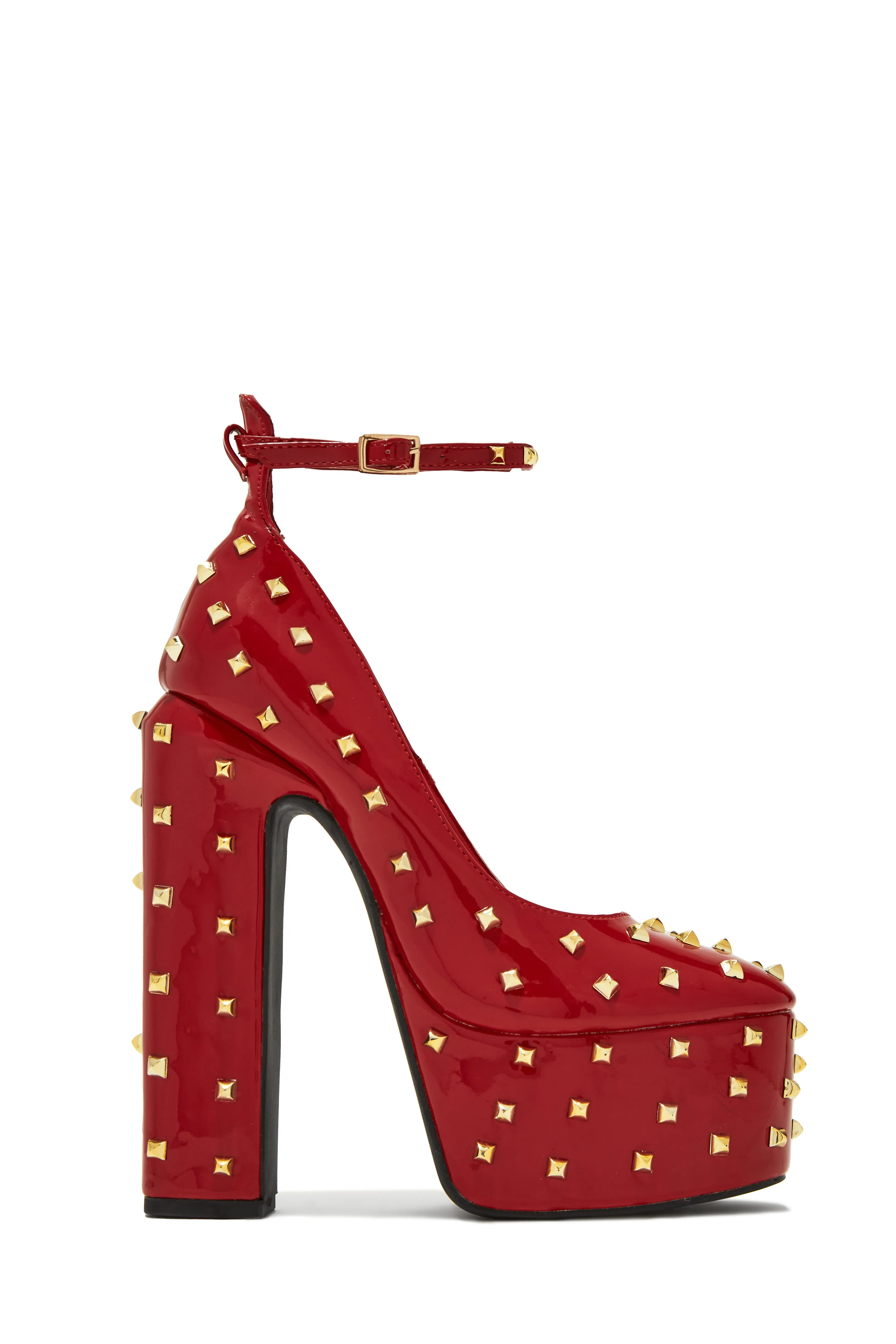 Nayomi Studded Platform Block High Heels - Red