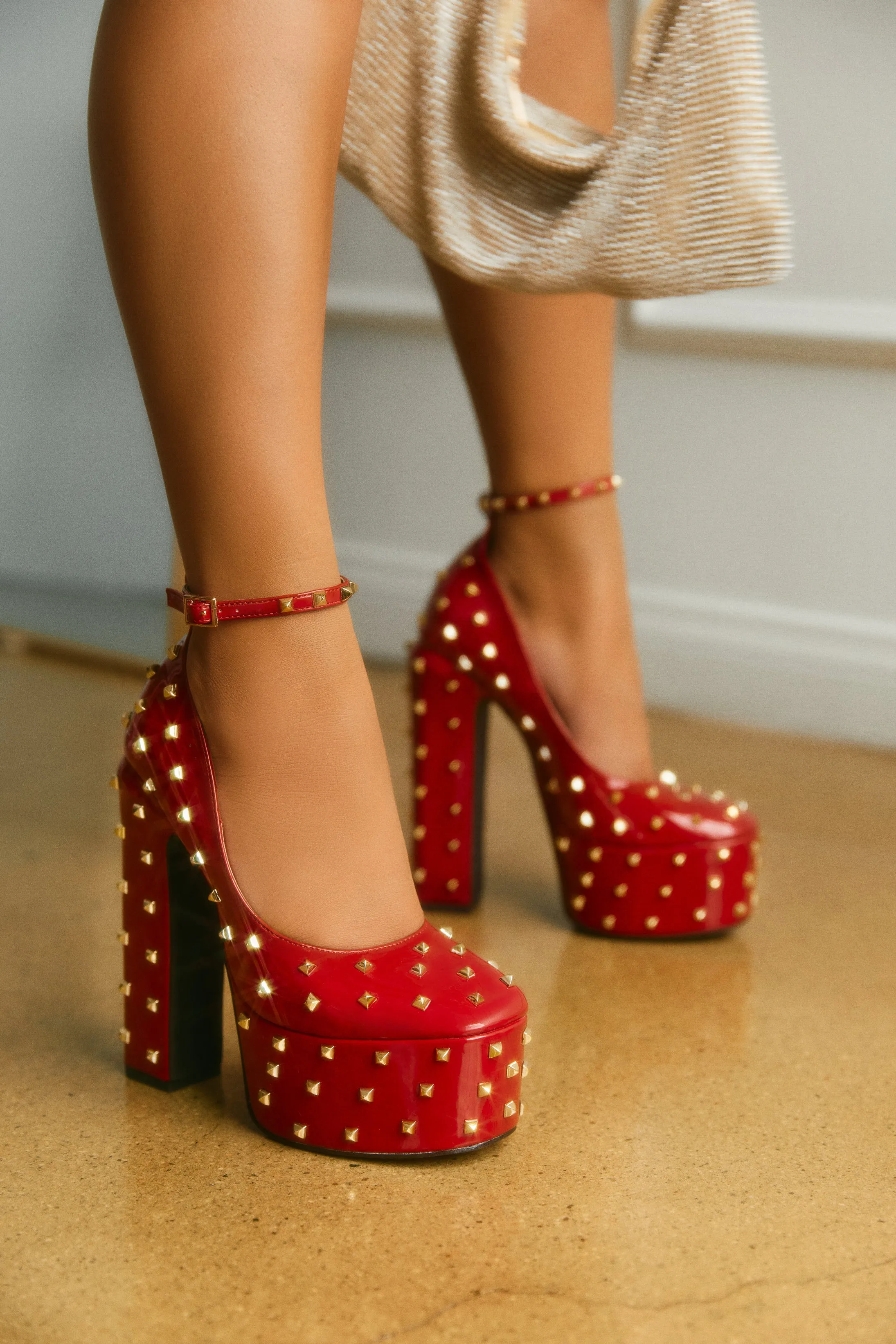 Nayomi Studded Platform Block High Heels - Red