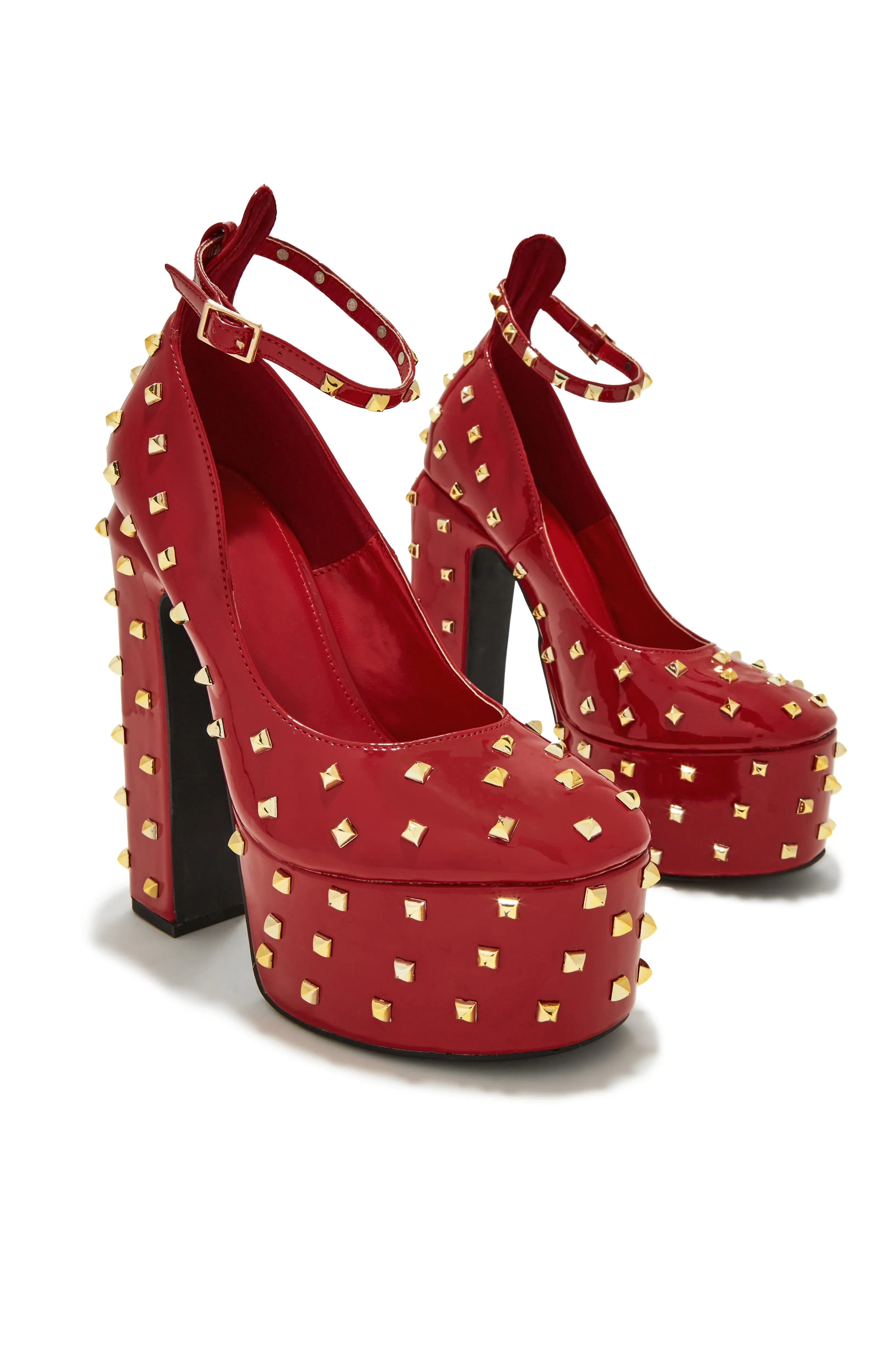 Nayomi Studded Platform Block High Heels - Red