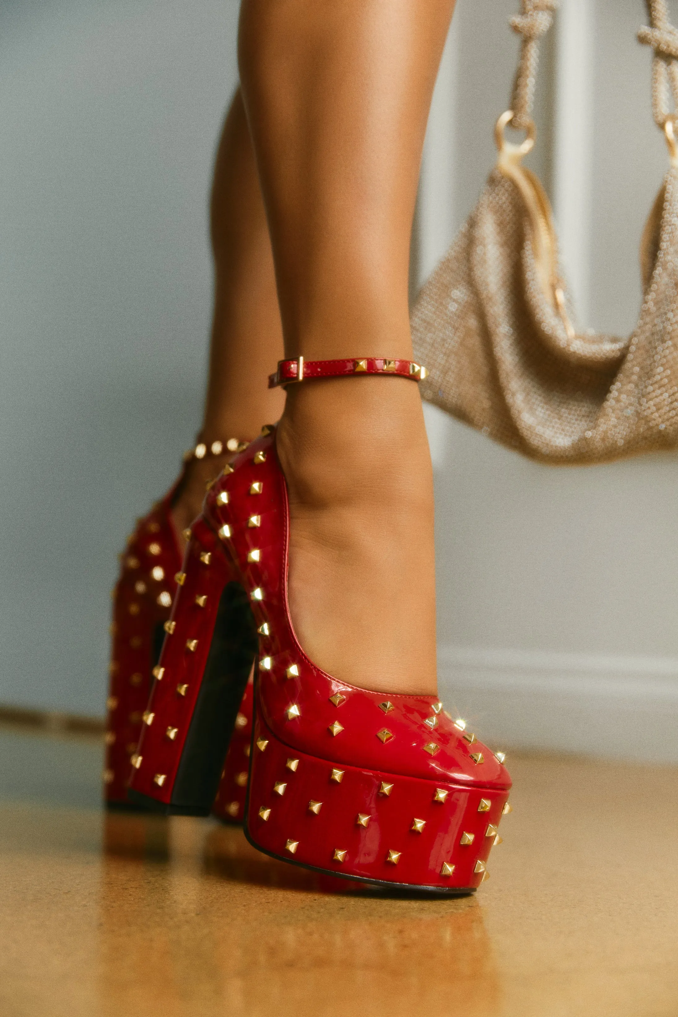 Nayomi Studded Platform Block High Heels - Red