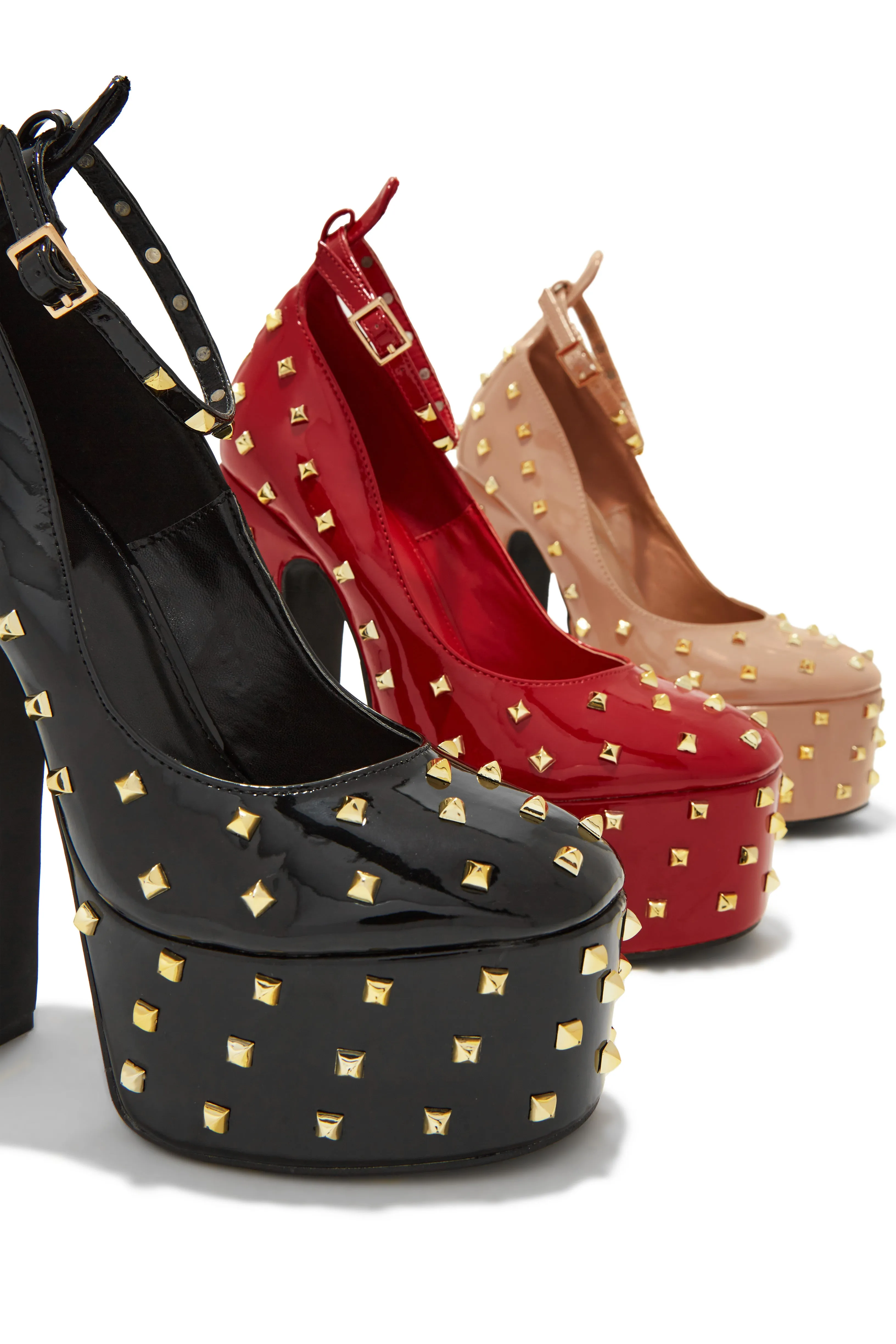 Nayomi Studded Platform Block High Heels - Red