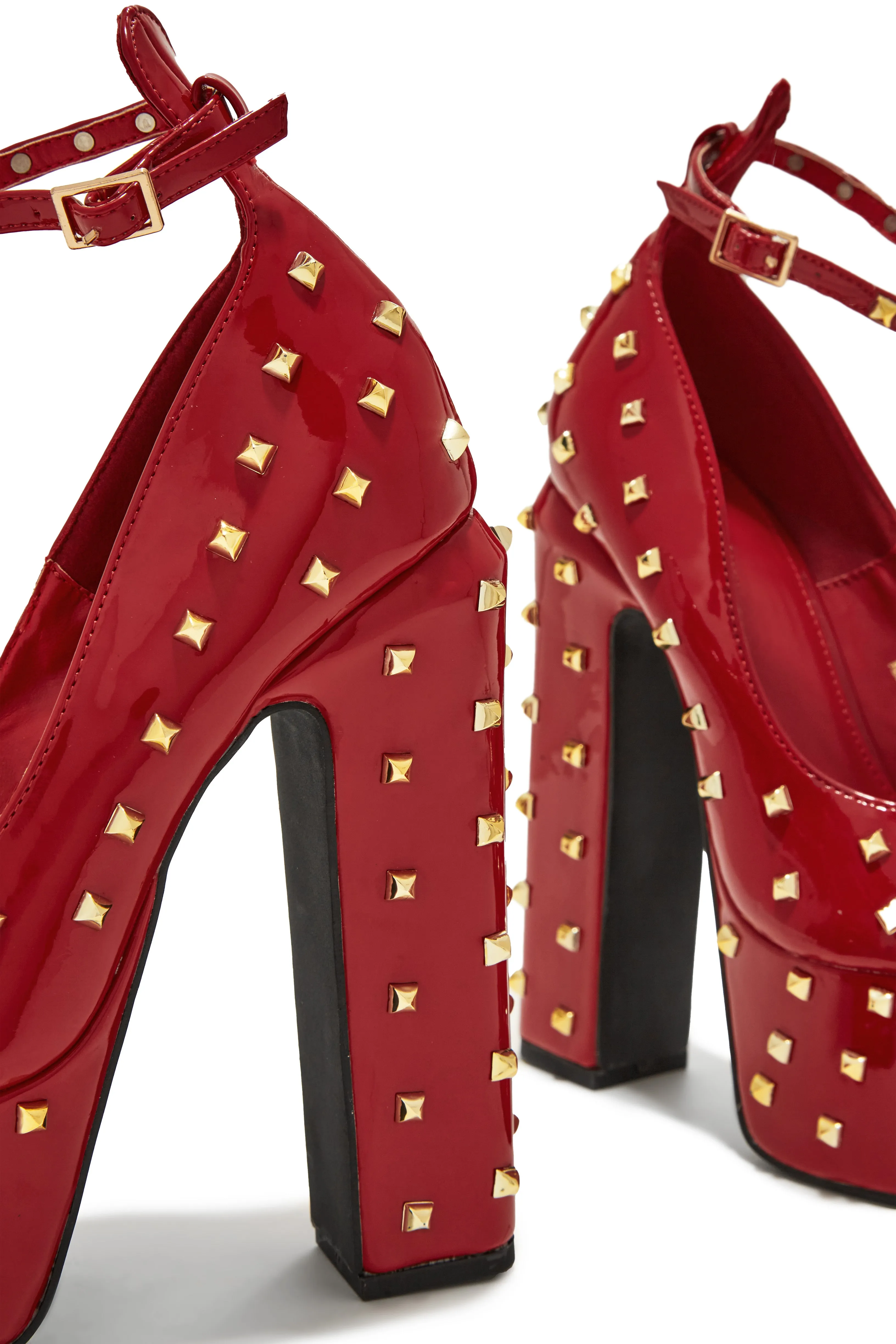 Nayomi Studded Platform Block High Heels - Red