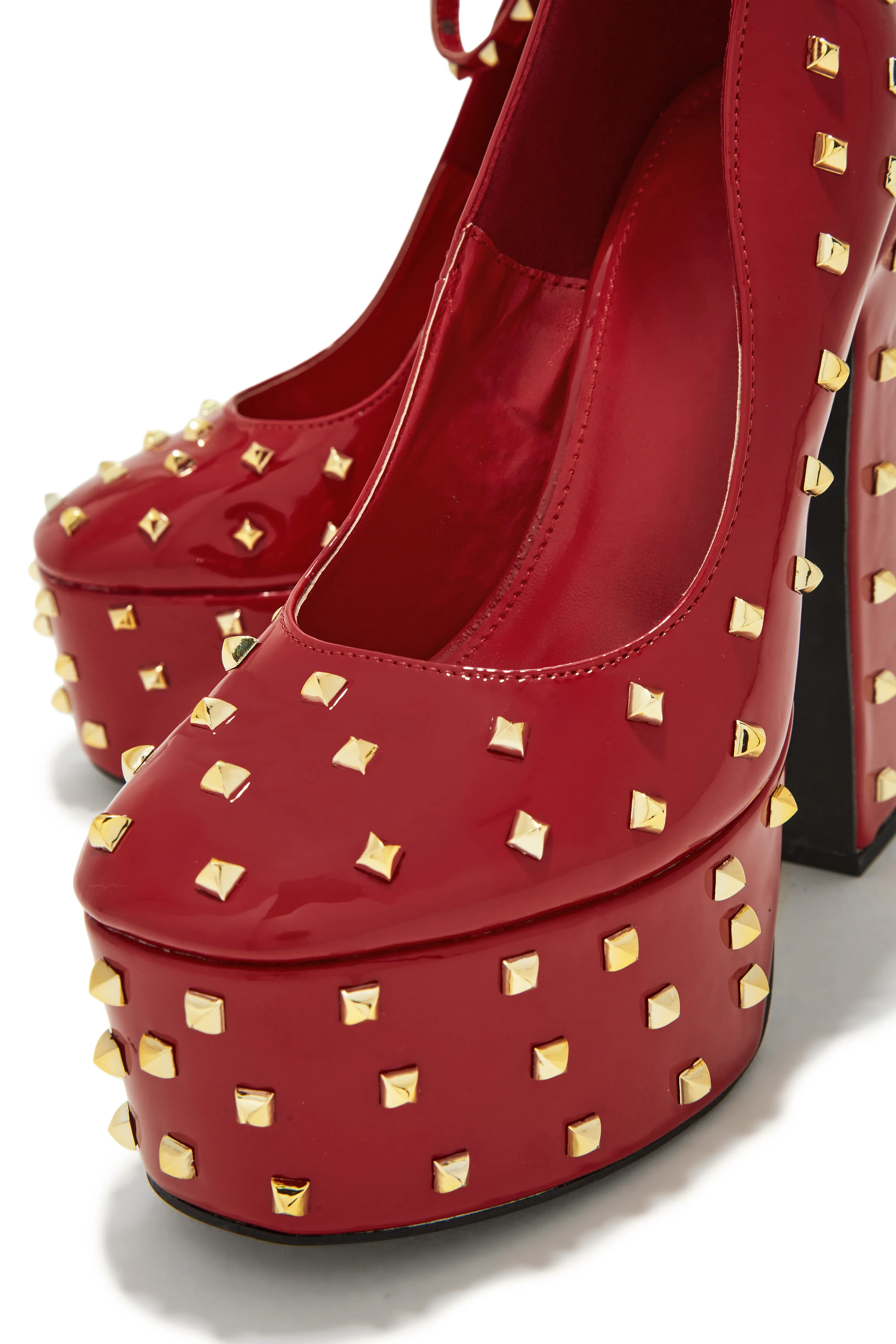 Nayomi Studded Platform Block High Heels - Red