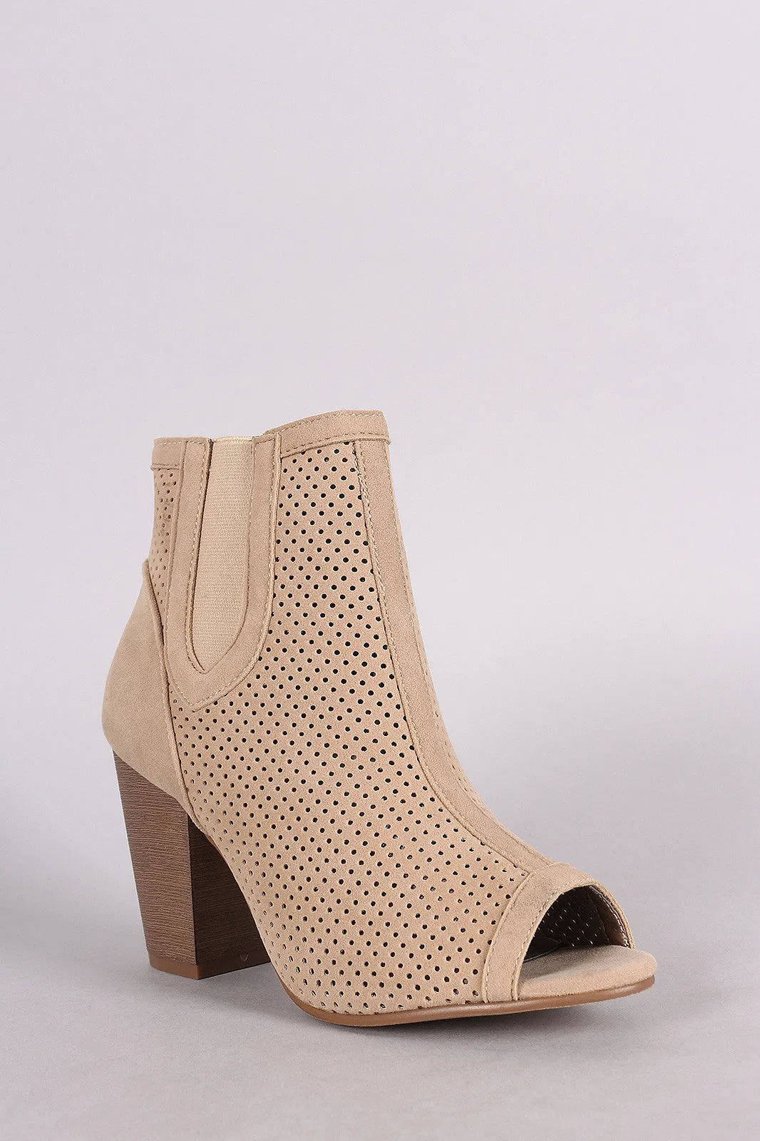 Perforated Peep Toe Chunky Heel Bootie