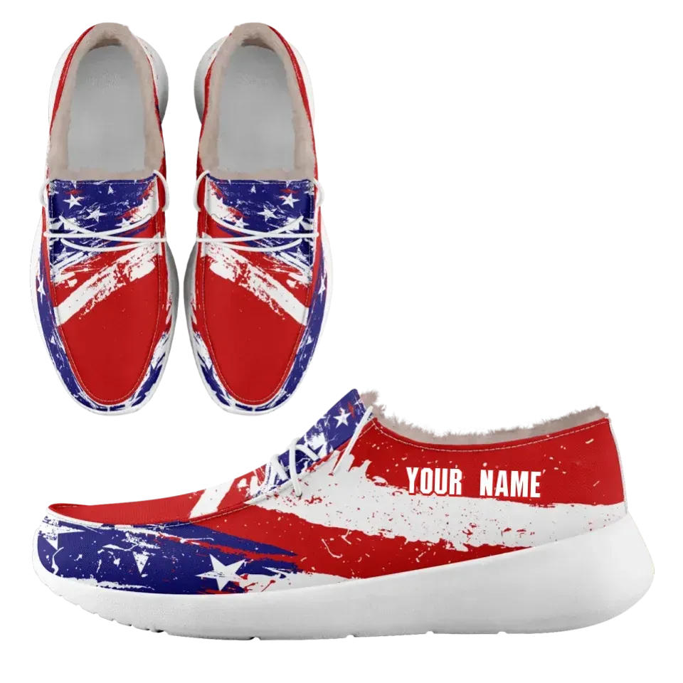 Personalized USA Flag Sneakers, Custom Stars and Stripes Loafer Shoes, Fur Lining Shoe, Pride in Comfort,FN042-24020304-1w