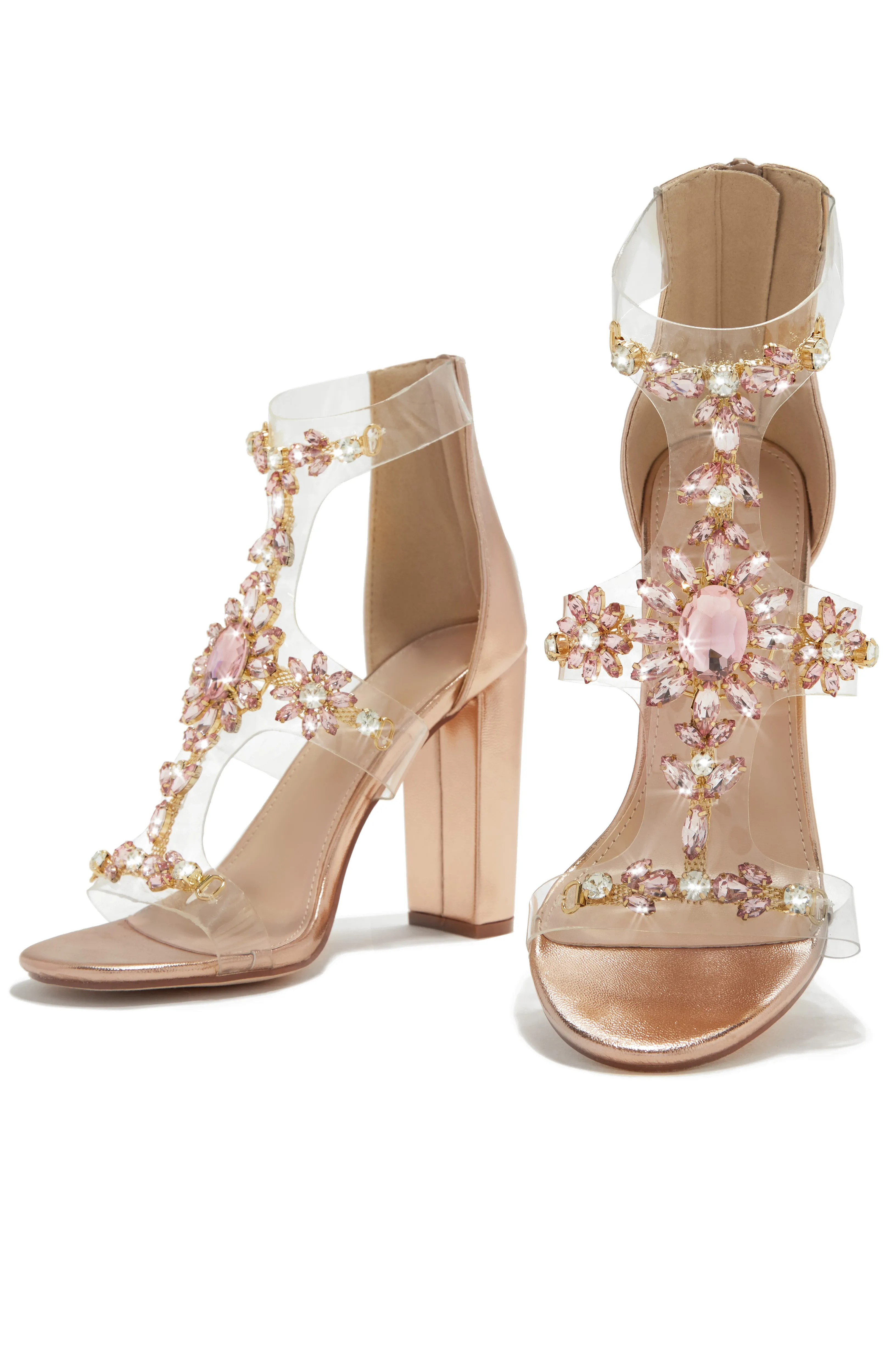 Queen Energy Embellished Clear Strap High Heels - Rose Gold