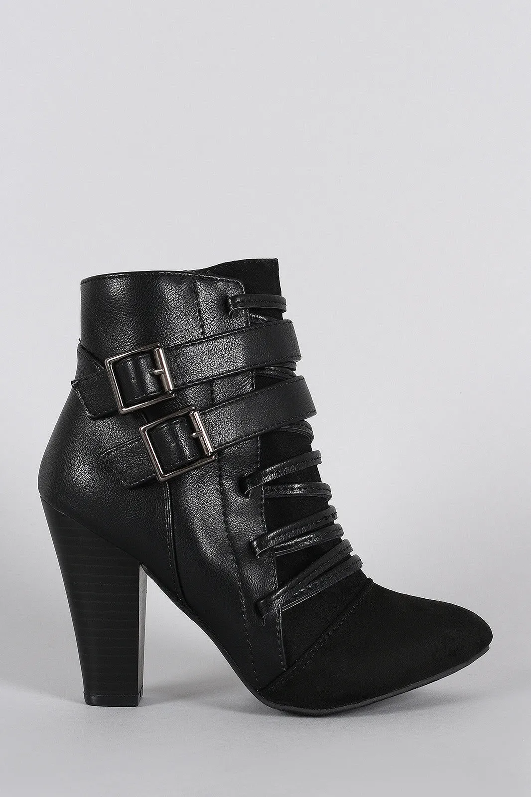 Qupid Strappy Corset Buckle Almond Toe Heeled Booties