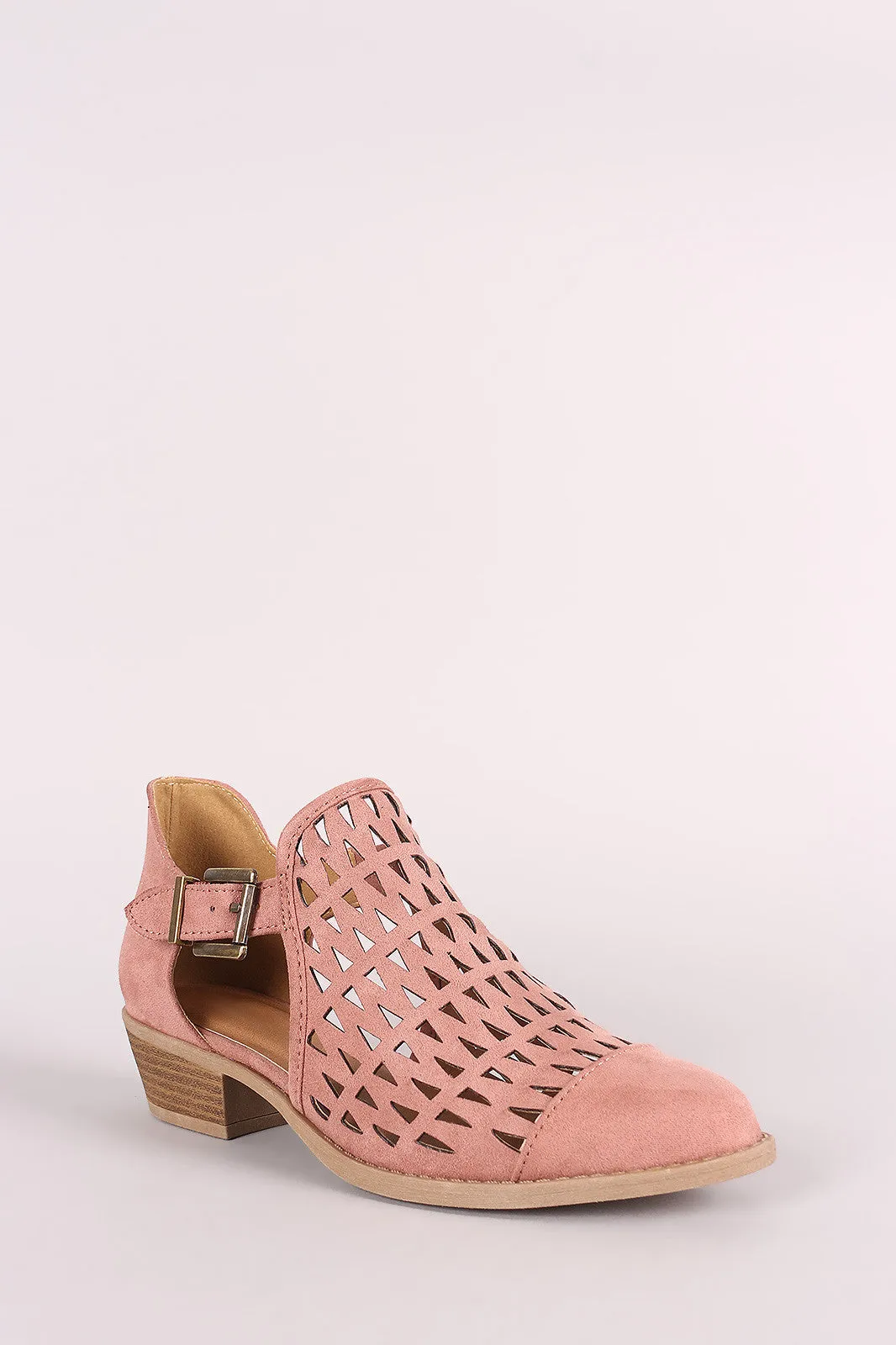 Qupid Suede Geo Cutout Buckled Booties