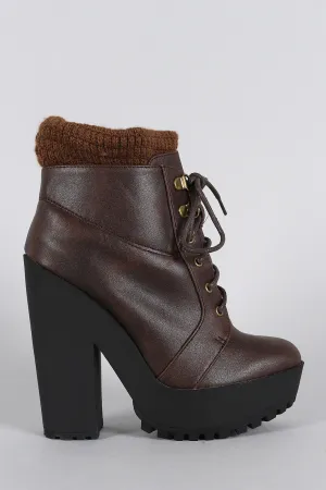 Qupid Sweater Cuff Lace Up Lug Sole Contrast Platform Heeled Combat Ankle Boots