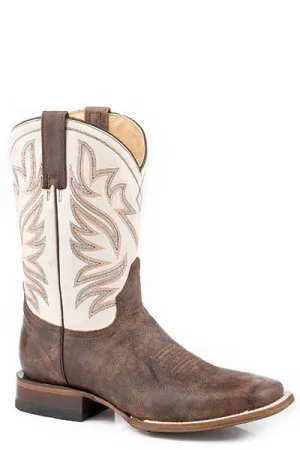 Roper Footwear Men's Burnished Brown Broad Square Toe Boots with Crackle White Tops