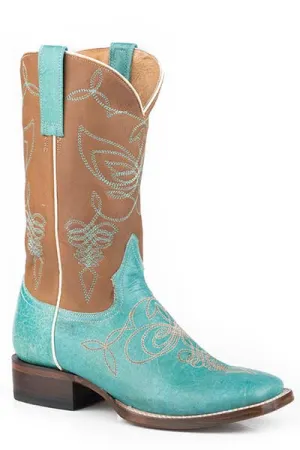 Roper Footwear Turquoise/Tan Loop To Loop Fancy Stitch Broad Square Toe Boots for Women