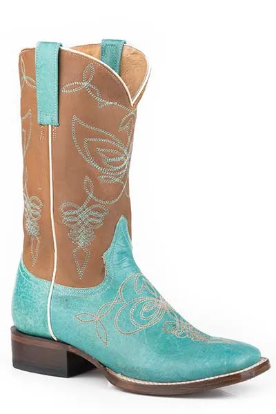 Roper Footwear Turquoise/Tan Loop To Loop Fancy Stitch Broad Square Toe Boots for Women