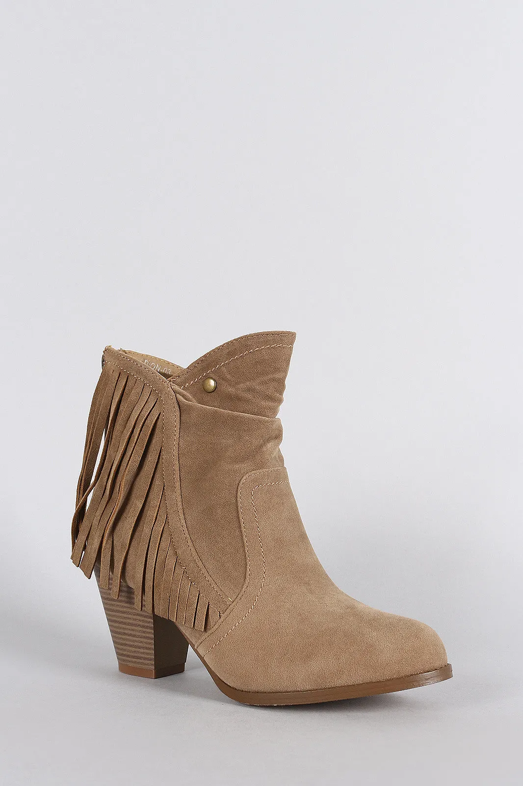 Suede Fringe Ruched Round Toe Heeled Western Ankle Boots