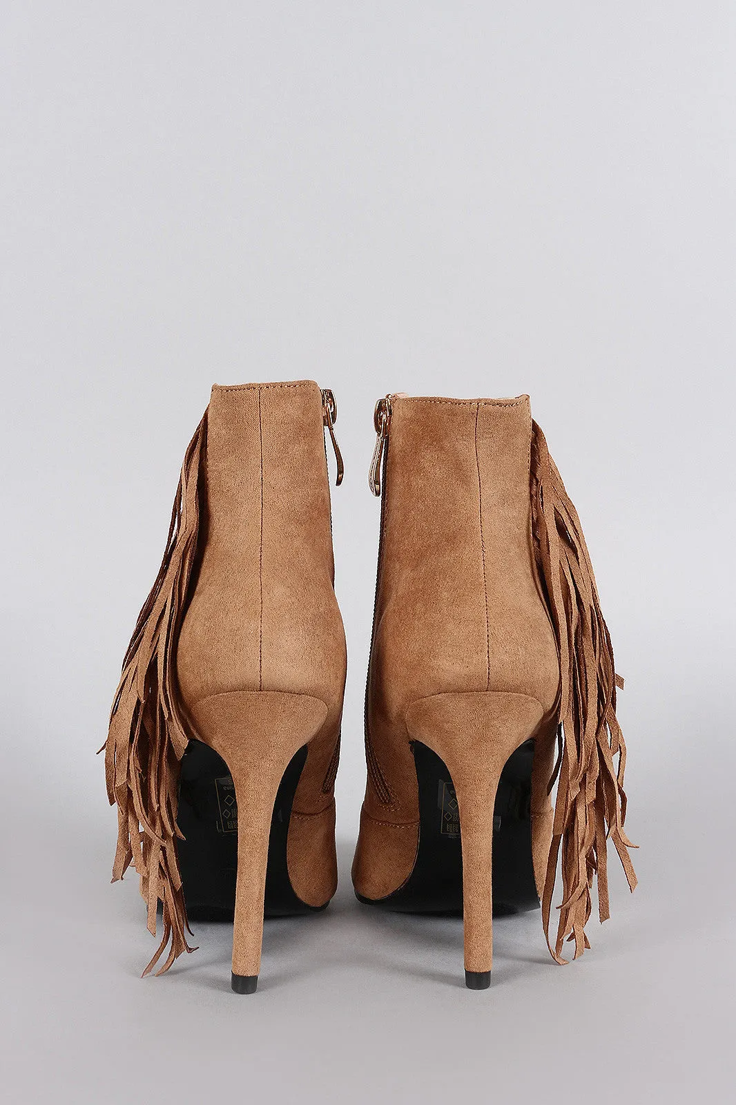 Suede Perforated Fringe Pointy Toe Stiletto Booties